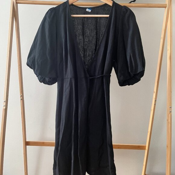 NWT Black Old Navy Linen Blend True Wrap Mini Dress with Puff Sleeves - Picture 1 of 7